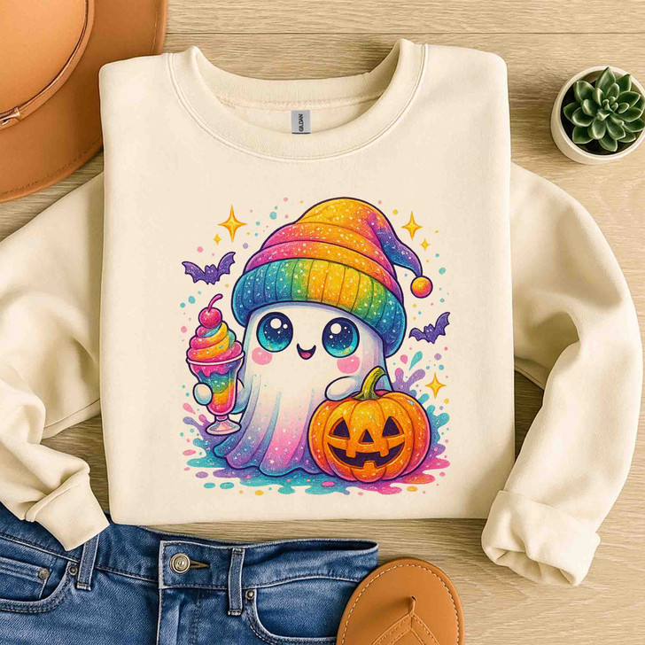 Ghost Halloween Kawaii Pumpkin Rainbow Drink Sweatshirt S-5XL