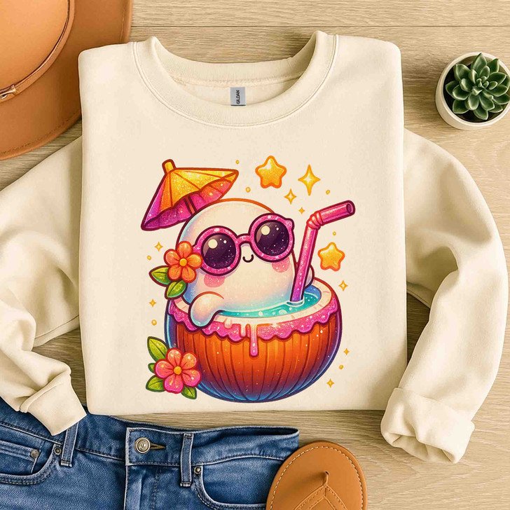 Summerween Ghost Coconut Drink Sublimation Cute Halloween Sweatshirt S-5XL