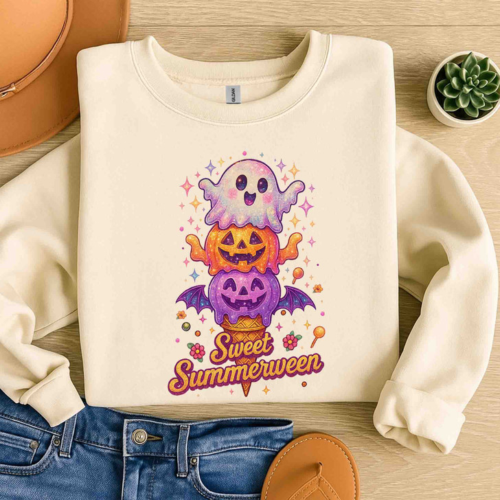 Summerween PNG Jack O’Lantern Ghost Ice Cream Summer Sweatshirt S-5XL