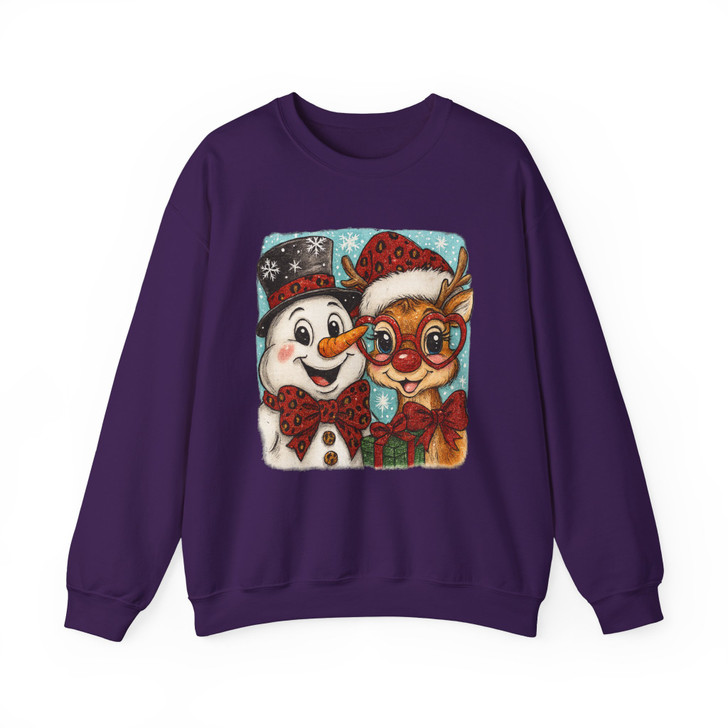 Christmas Snowman & Reindeer Preppy Holiday Brushstroke Sweatshirt S-5XL