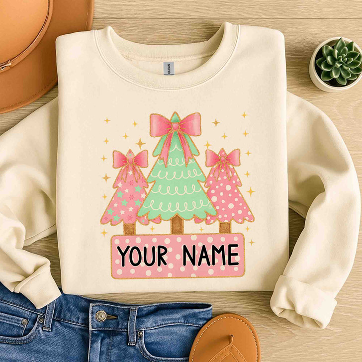 Personalized Coquette Glitter Christmas Tree Kids Name Brushstroke Sweatshirt S-5XL