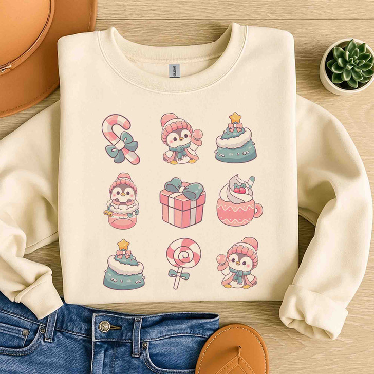 Cute Penguin Christmas Kawaii Holiday Icons Cozy Winter Gift Sweatshirt S-5XL