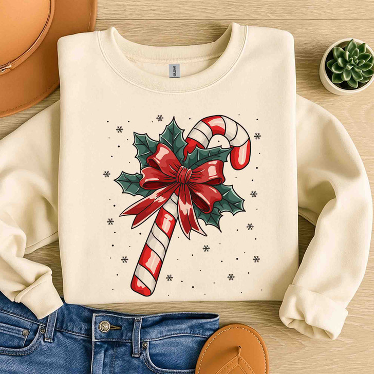 Candy Cane Christmas Holly Bow Holiday Cozy Winter Gift Sweatshirt S-5XL