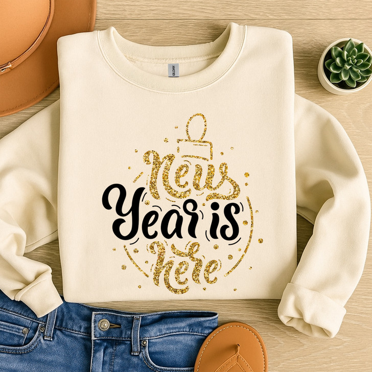 New Year is Here Gold Glitter Holiday Pullover Festive Gift Sweatshirt S-5XL