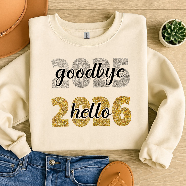 Goodbye 2025 Hello 2026 Glitter NYE Holiday Party Crewneck Sweatshirt S-5XL