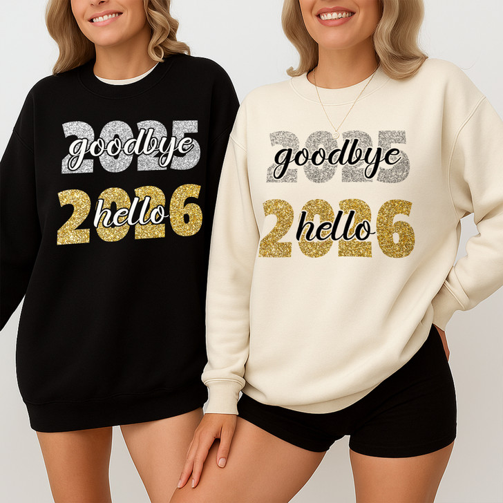 Goodbye 2025 Hello 2026 Glitter NYE Holiday Party Crewneck Sweatshirt S-5XL