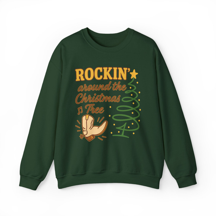 Rockin Around the Christmas Tree Western Holiday Cowboy Boot Crewneck Sweatshirt S-5XL