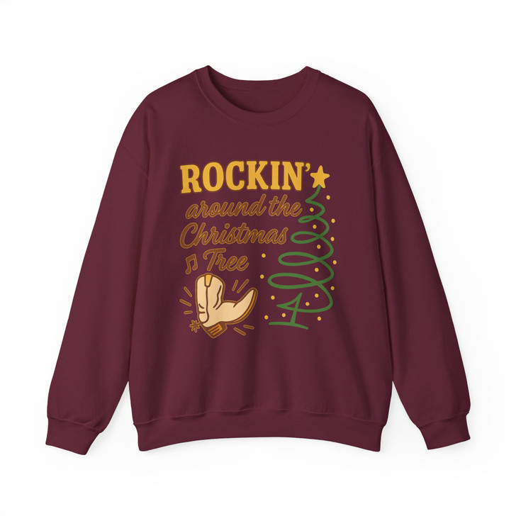 Rockin Around the Christmas Tree Western Holiday Cowboy Boot Crewneck Sweatshirt S-5XL