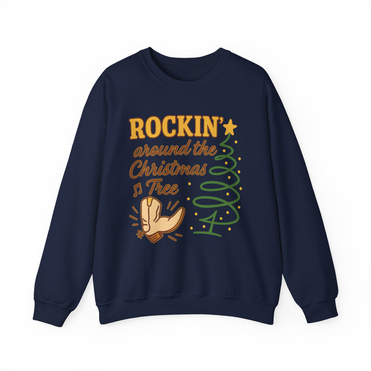 Rockin Around the Christmas Tree Western Holiday Cowboy Boot Crewneck Sweatshirt S-5XL
