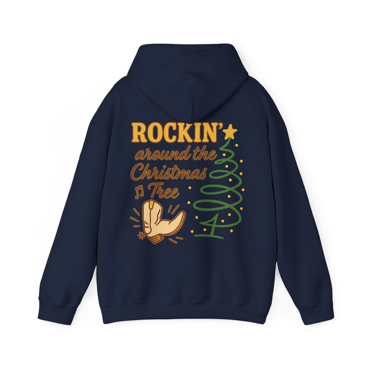 Rockin Around the Christmas Tree Western Holiday Cowboy Boot Crewneck Hoodie S-5XL