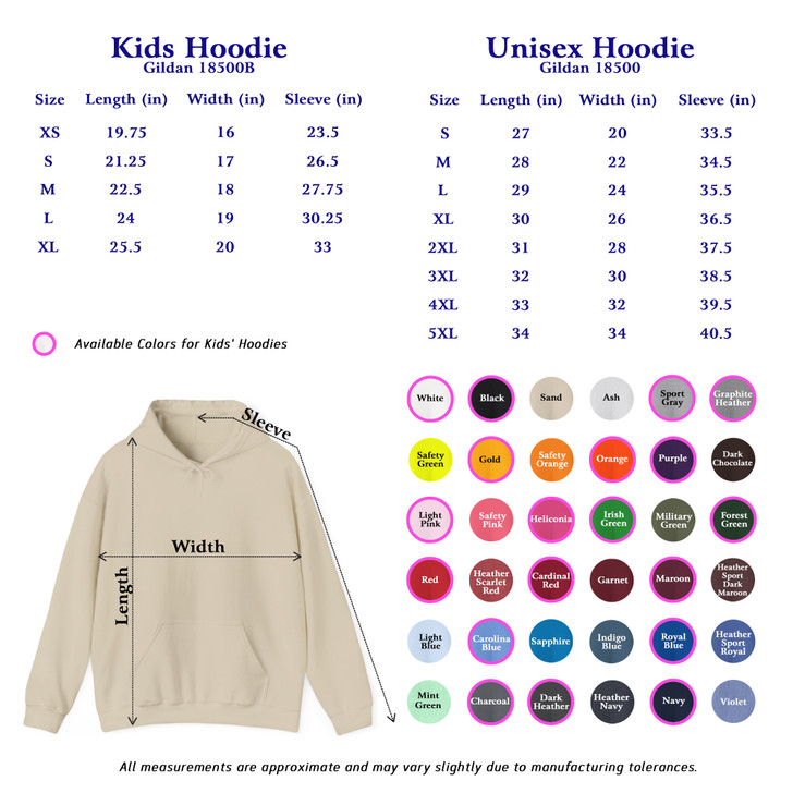 Hoodie Color and Size Chart