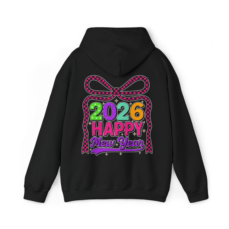 Happy New Year 2026 Checkered Bow Festive NYE Party Hoodie S-5XL