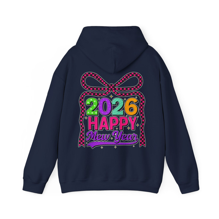 Happy New Year 2026 Checkered Bow Festive NYE Party Hoodie S-5XL