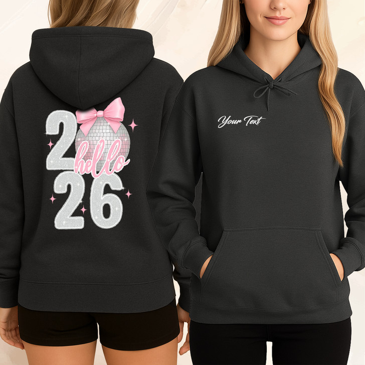 Hello 2026 New Year Disco Ball Pink Bow Crewneck Festive NYE Hoodie S-5XL