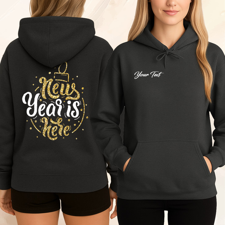New Year is Here Gold Glitter Holiday Pullover Festive Gift Hoodie S-5XL