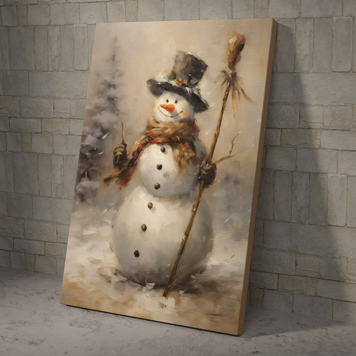 Retro Vintage Snowman In The Town Christmas Poster and Canvas Print, Christmas Wall Art Decor
