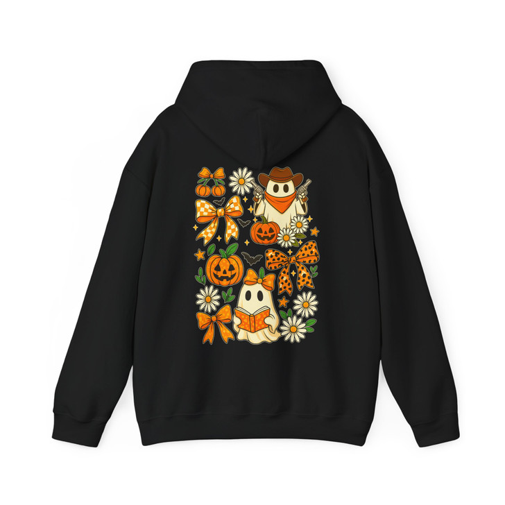 Vintage Halloween Ghost Coquette Floral Pumpkin Bow Hoodie S-5XL