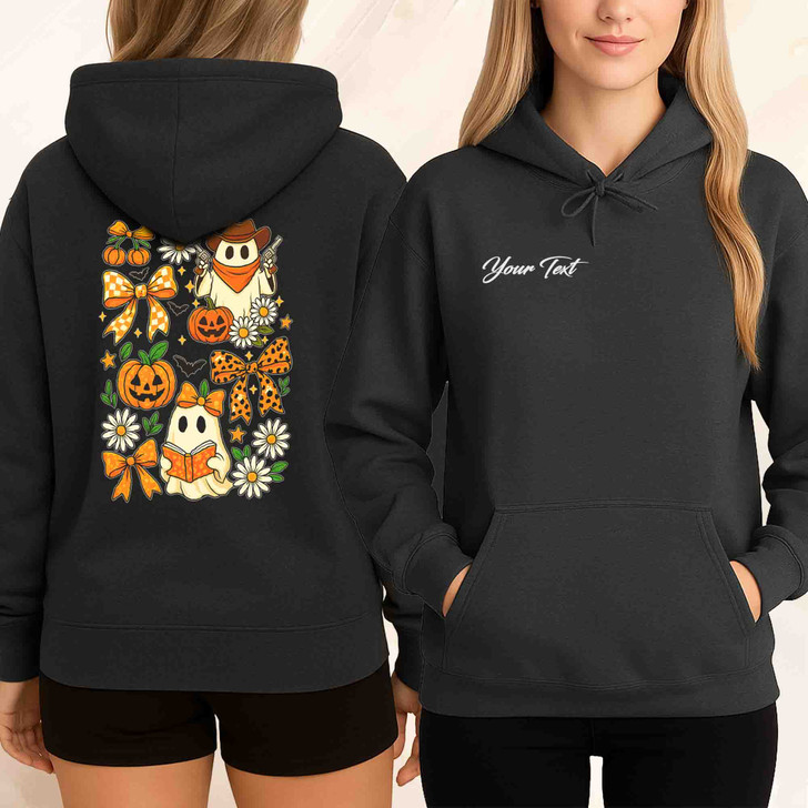 Vintage Halloween Ghost Coquette Floral Pumpkin Bow Hoodie S-5XL