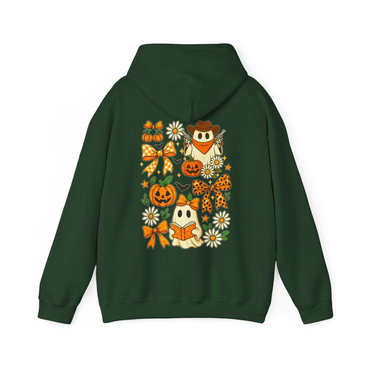 Vintage Halloween Ghost Coquette Floral Pumpkin Bow Hoodie S-5XL