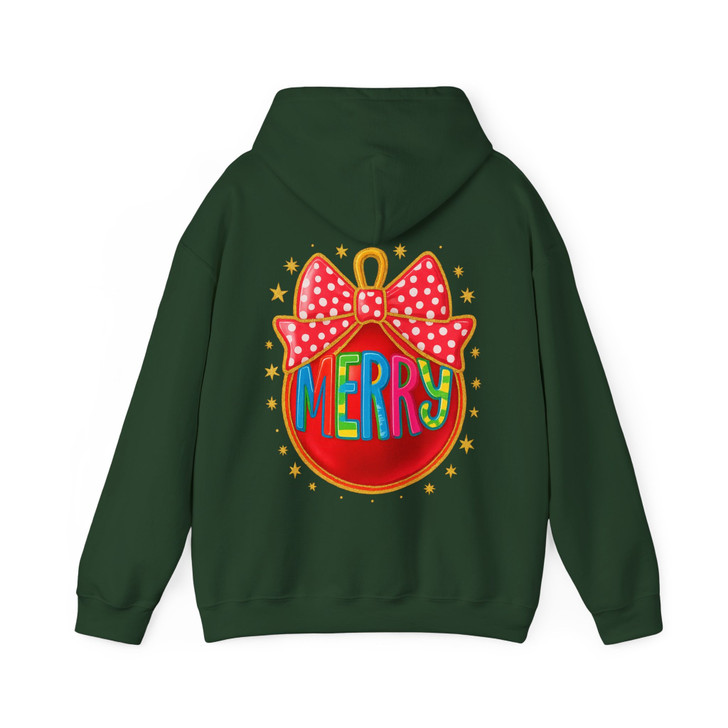Colorful Glitter Merry Ornament Coquette Bow Holly Jolly Hoodie S-5XL