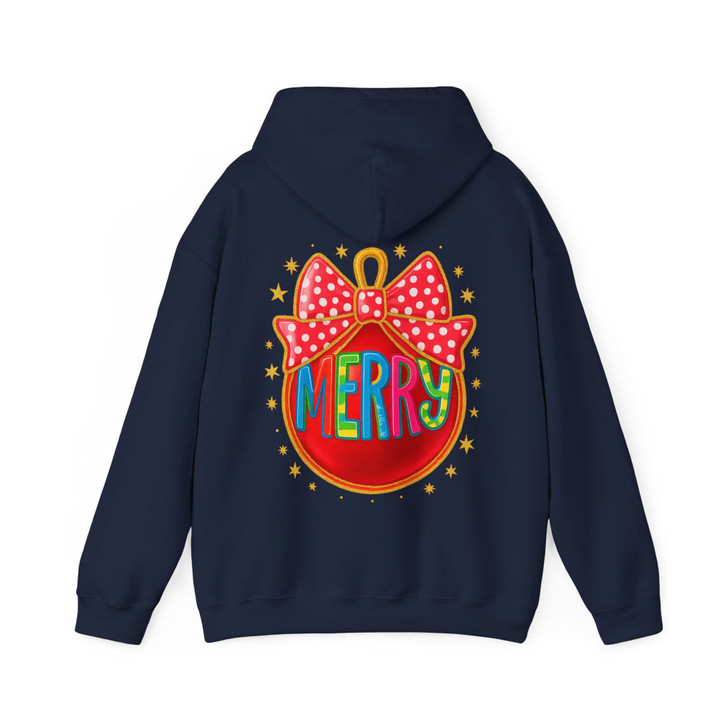 Colorful Glitter Merry Ornament Coquette Bow Holly Jolly Hoodie S-5XL