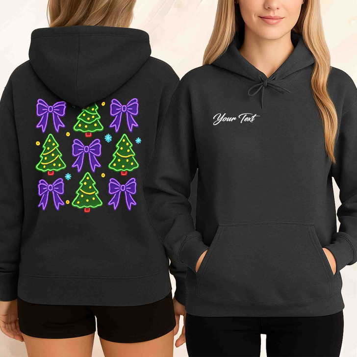 Neon Coquette Christmas Tree Cake Bow Sublimation Hoodie S-5XL