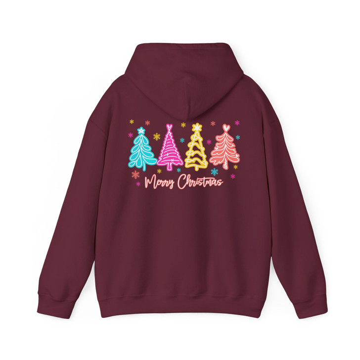 Merry and Bright Neon Christmas Tree Coquette Bow Hoodie S-5XL