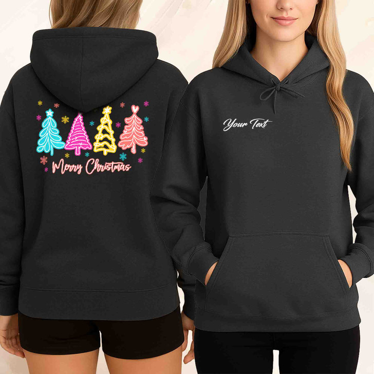Merry and Bright Neon Christmas Tree Coquette Bow Hoodie S-5XL
