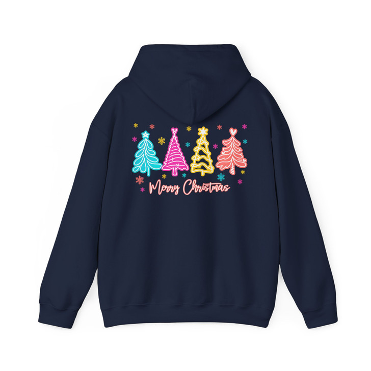 Merry and Bright Neon Christmas Tree Coquette Bow Hoodie S-5XL