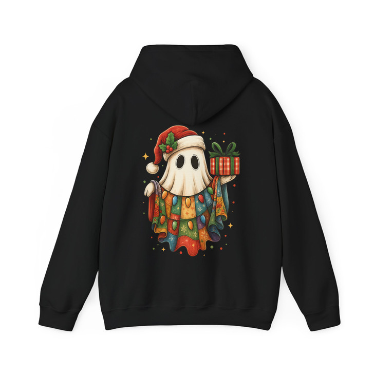 Patchwork Ghost Floral Holiday Lights Santa Hat Cozy Hoodie S-5XL