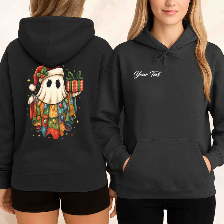 Patchwork Ghost Floral Holiday Lights Santa Hat Cozy Hoodie S-5XL