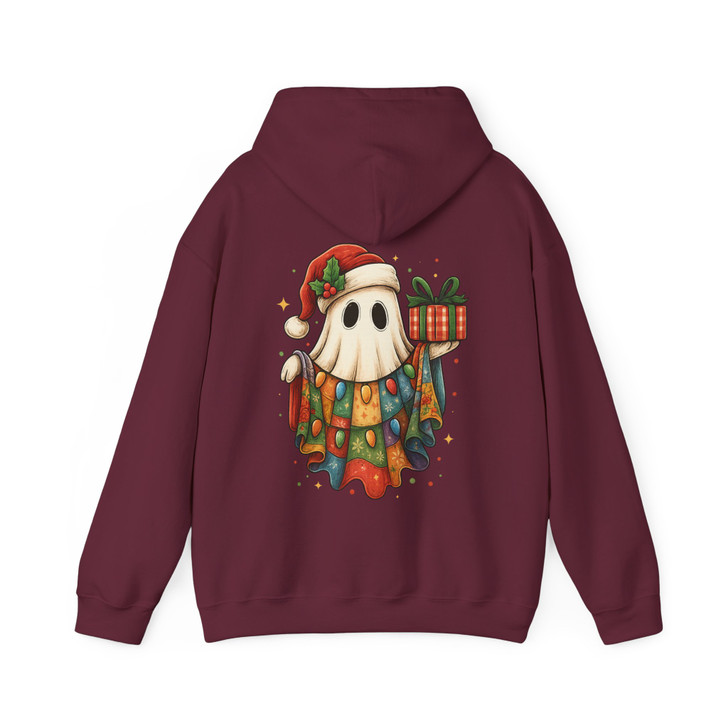 Patchwork Ghost Floral Holiday Lights Santa Hat Cozy Hoodie S-5XL