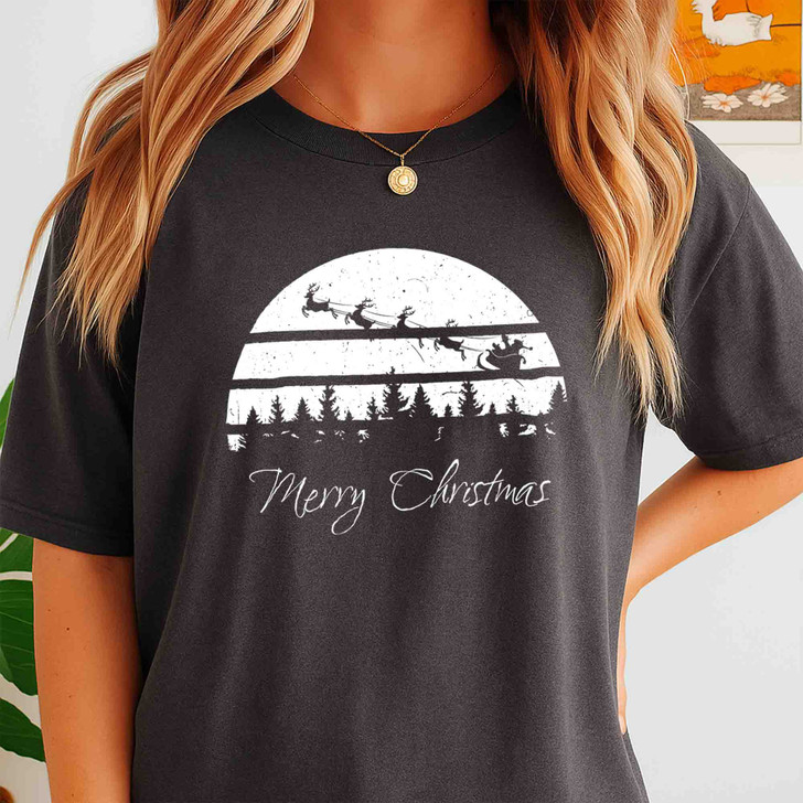 Merry Christmas Santa Sleigh Retro Sunset Winter Holiday Gift T-shirt S-5XL