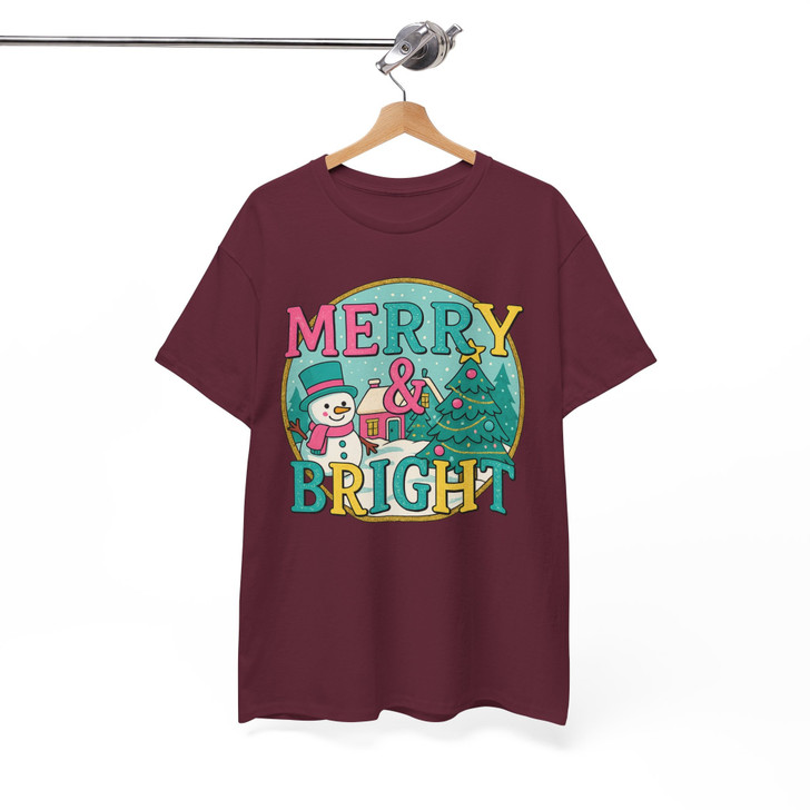Merry And Bright Christmas Sweatshirt Snowman Tree Cute Holiday Unisex