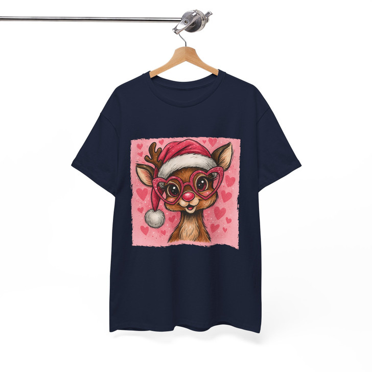 Cute Reindeer Christmas Shirt, Pink Reindeer Tee, Santa Hat Deer Shirt, Funny Xmas Graphic, Cozy Holiday Unisex T Shirt