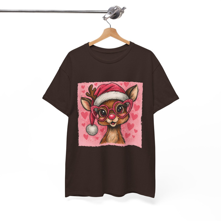 Cute Reindeer Christmas Shirt, Pink Reindeer Tee, Santa Hat Deer Shirt, Funny Xmas Graphic, Cozy Holiday Unisex T Shirt