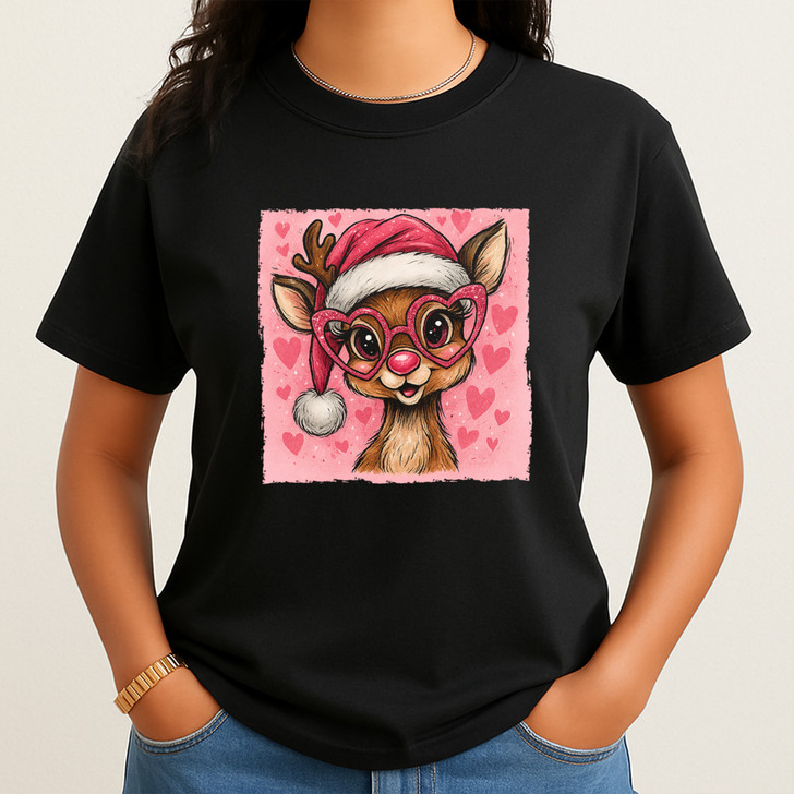 Cute Reindeer Christmas Shirt, Pink Reindeer Tee, Santa Hat Deer Shirt, Funny Xmas Graphic, Cozy Holiday Unisex T Shirt
