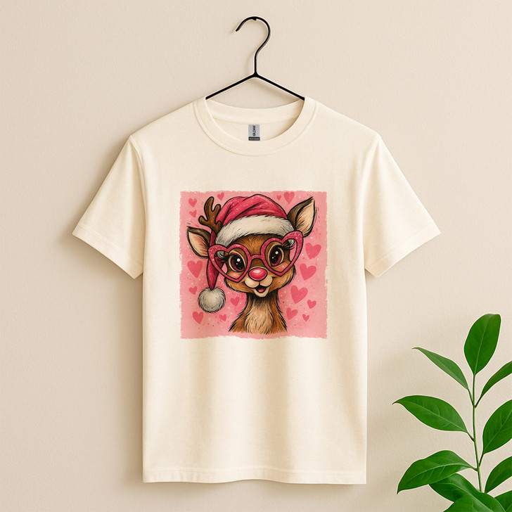 Cute Reindeer Christmas Shirt, Pink Reindeer Tee, Santa Hat Deer Shirt, Funny Xmas Graphic, Cozy Holiday Unisex T Shirt