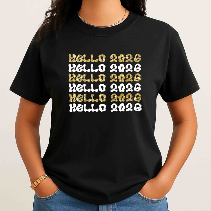 Hello 2026 Retro Glitter T Shirt, New Year Aesthetic Graphic Tee, Trendy Unisex T-Shirt S-5XL