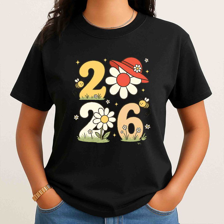 Hello 2026 Floral Bee T Shirt, New Year Flower Graphic Tee, Cute Retro Unisex T-Shirt S-5XL