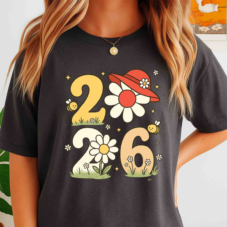 Hello 2026 Floral Bee T Shirt, New Year Flower Graphic Tee, Cute Retro Unisex T-Shirt S-5XL