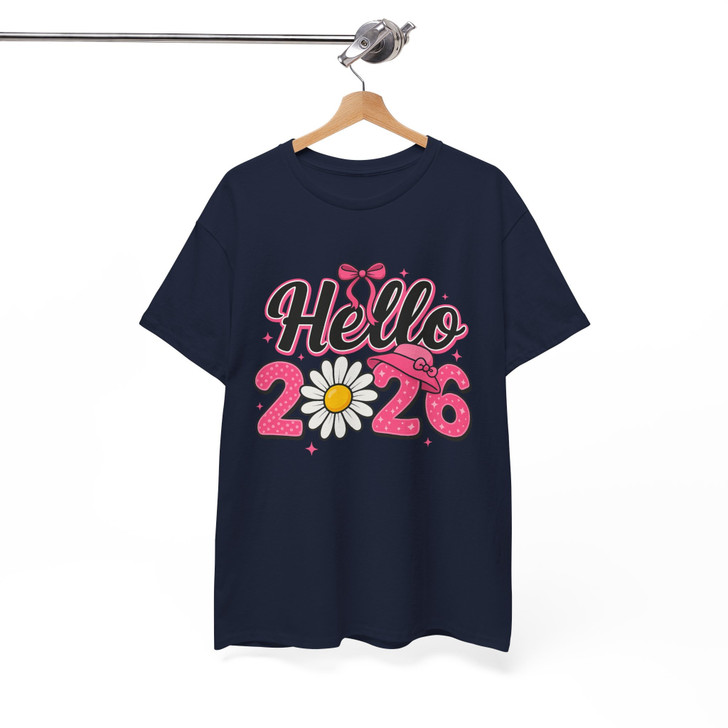 Hello 2026 Pink Daisy T Shirt, Cute Floral New Year Graphic Tee, Trendy Unisex T-Shirt S-5XL