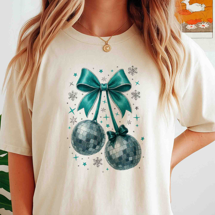 Disco Ball Bow T Shirt, Christmas New Year Party Graphic Tee, Festive Holiday Unisex T-Shirt S-5XL