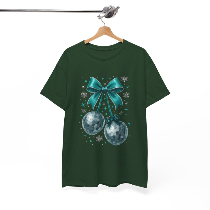 Disco Ball Bow T Shirt, Christmas New Year Party Graphic Tee, Festive Holiday Unisex T-Shirt S-5XL