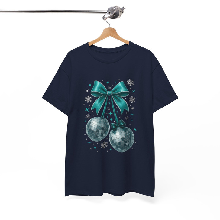 Disco Ball Bow T Shirt, Christmas New Year Party Graphic Tee, Festive Holiday Unisex T-Shirt S-5XL