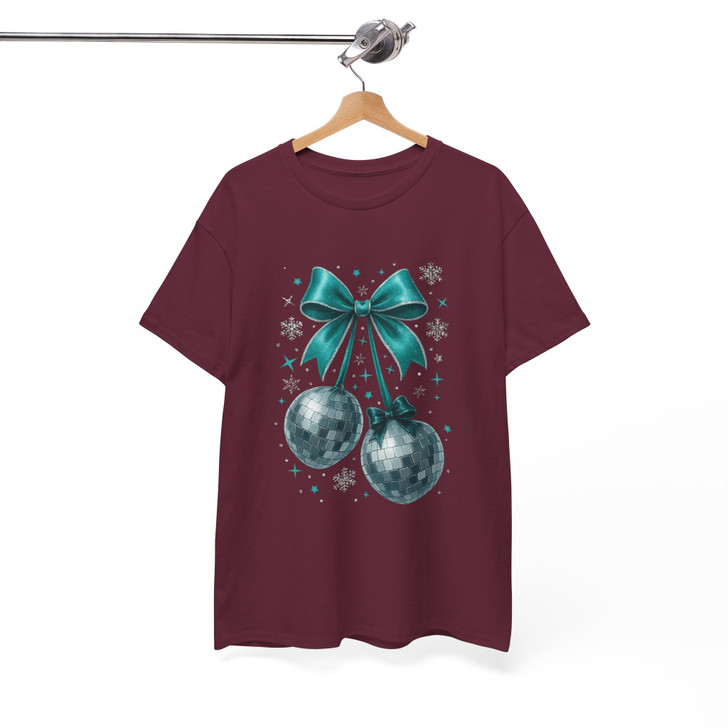 Disco Ball Bow T Shirt, Christmas New Year Party Graphic Tee, Festive Holiday Unisex T-Shirt S-5XL
