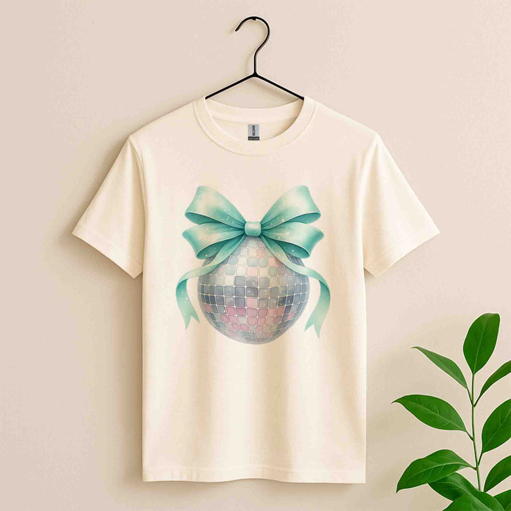 Disco Ball Bow T Shirt, Mint Ribbon Holiday Graphic Tee, New Year Party Unisex T-Shirt S-5XL