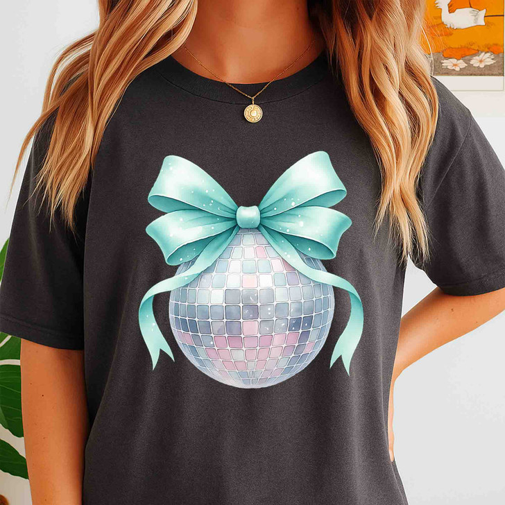 Disco Ball Bow T Shirt, Mint Ribbon Holiday Graphic Tee, New Year Party Unisex T-Shirt S-5XL