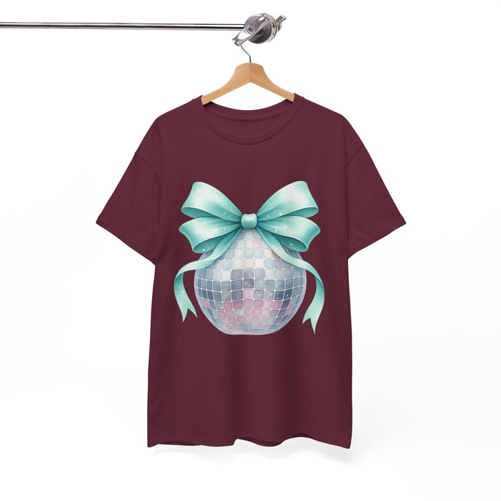 Disco Ball Bow T Shirt, Mint Ribbon Holiday Graphic Tee, New Year Party Unisex T-Shirt S-5XL