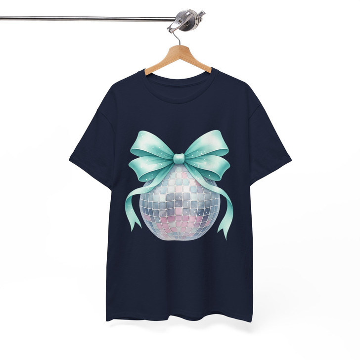 Disco Ball Bow T Shirt, Mint Ribbon Holiday Graphic Tee, New Year Party Unisex T-Shirt S-5XL